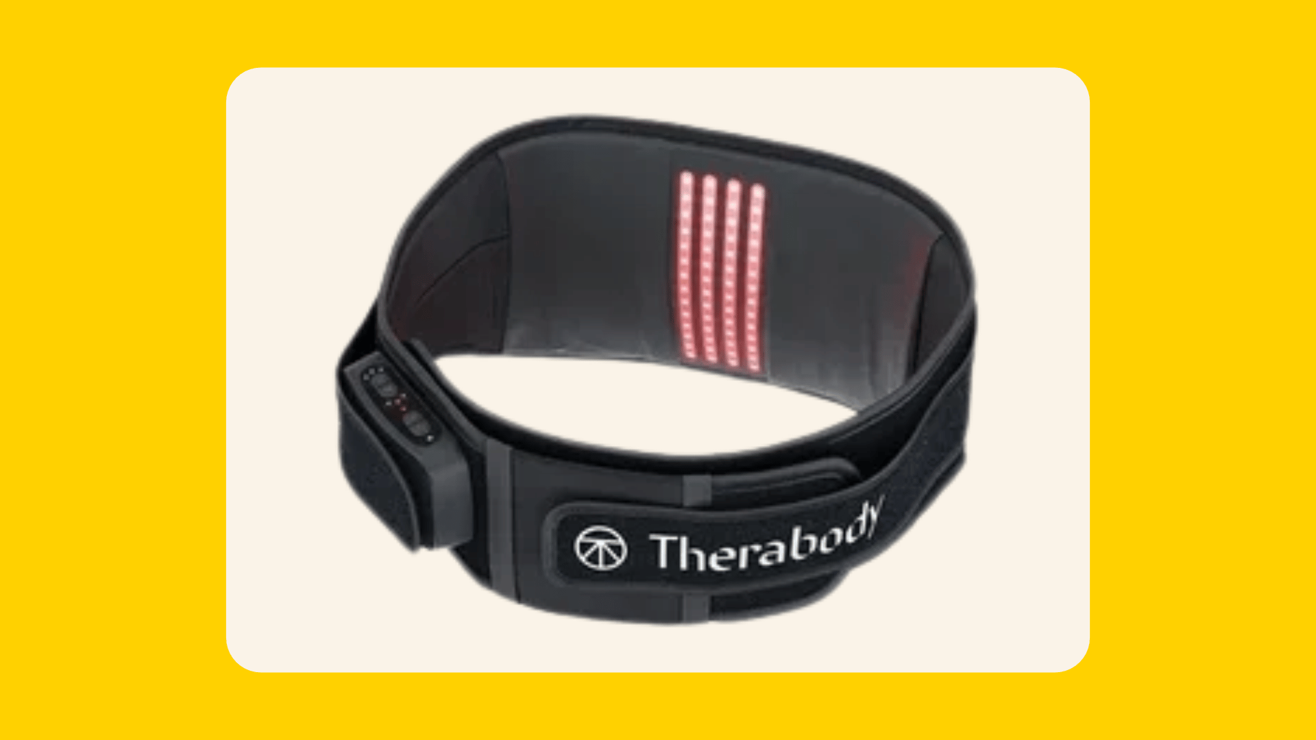 Black lumbar heat wrap with red LED strips and a Therabody logo