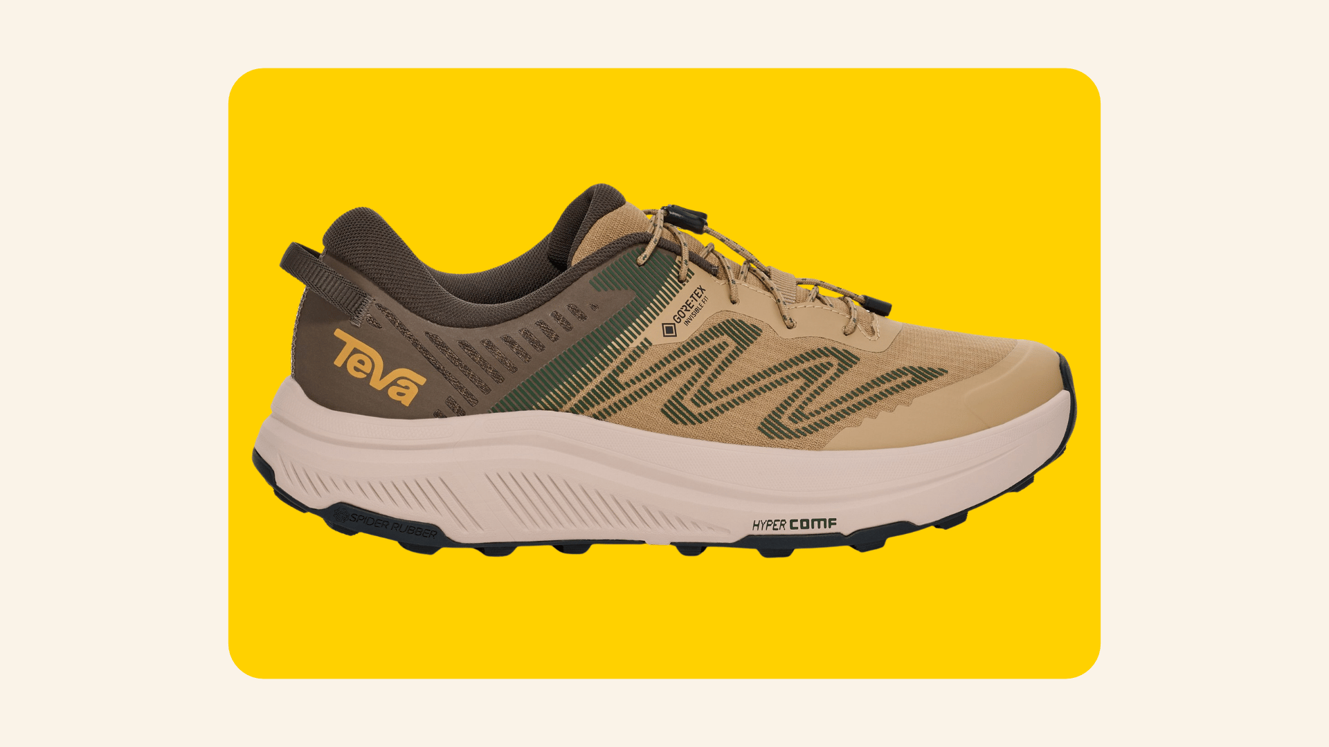 Tan and olive Teva trail running shoe with a cream midsole and drawstring speed laces