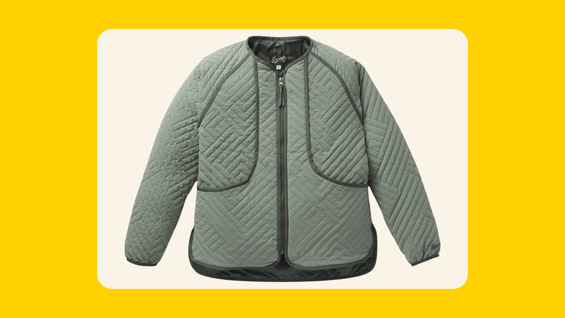 Sage green quilted PrimaLoft liner jacket with a front zipper and patch pockets