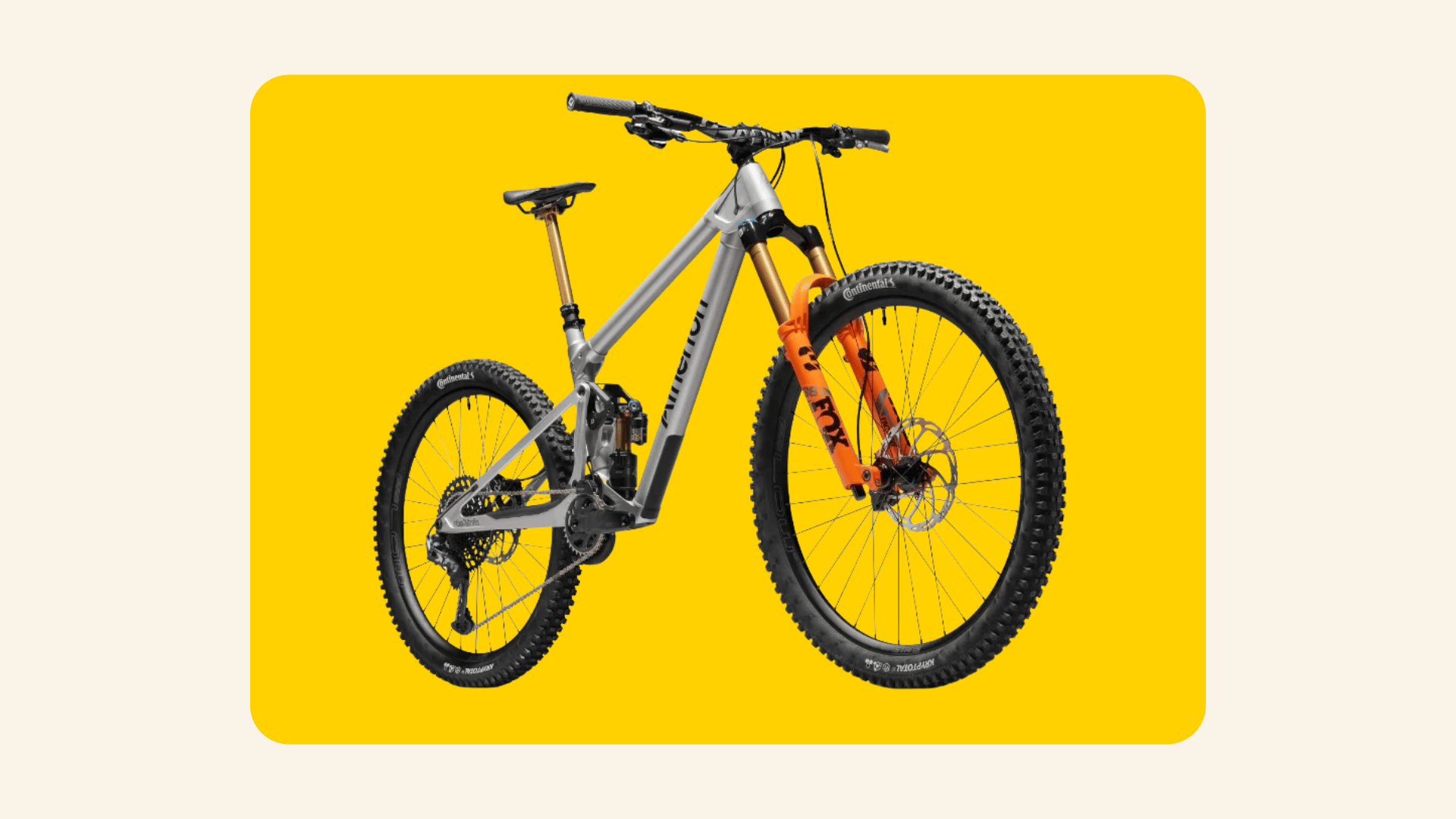 Gray Atherton S150 full-suspension enduro mountain bike with an orange fork