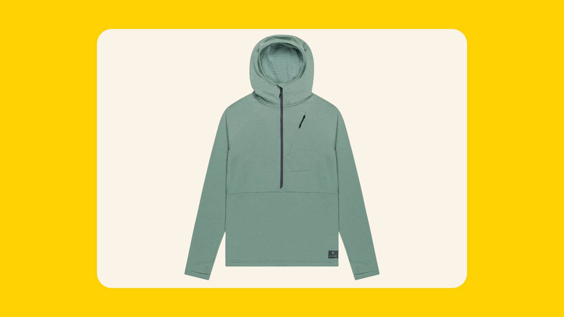 Sage green Ridge Merino half-zip hooded pullover with a lower chest pocket