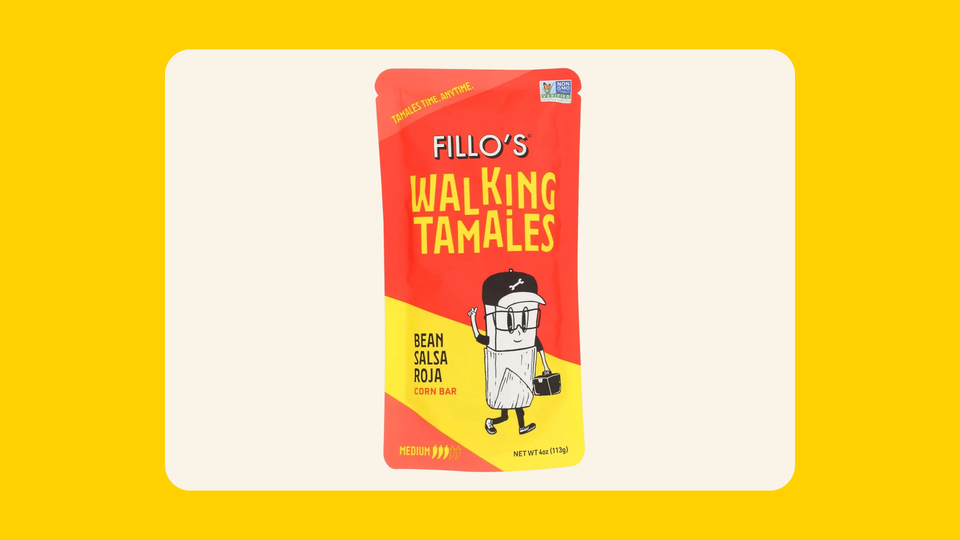 Red and yellow Fillo's Walking Tamales pouch with a cartoon tamale character