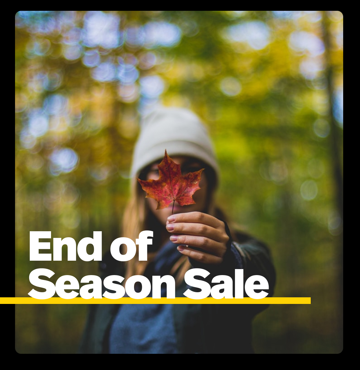 End of Season Sale. Image: A person holding a red leaf.