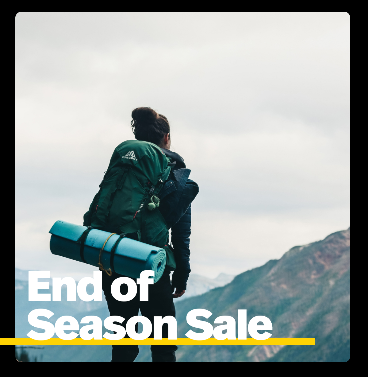 End of Season Sale. Image: A woman backpacking
