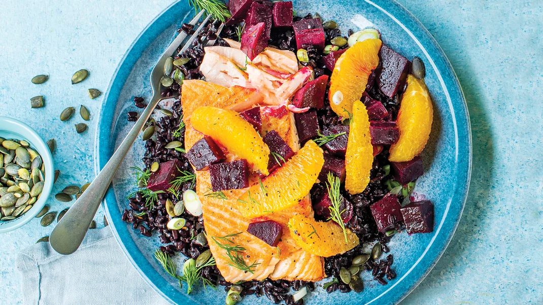 Salmon with Black Rice, Beets and Oranges