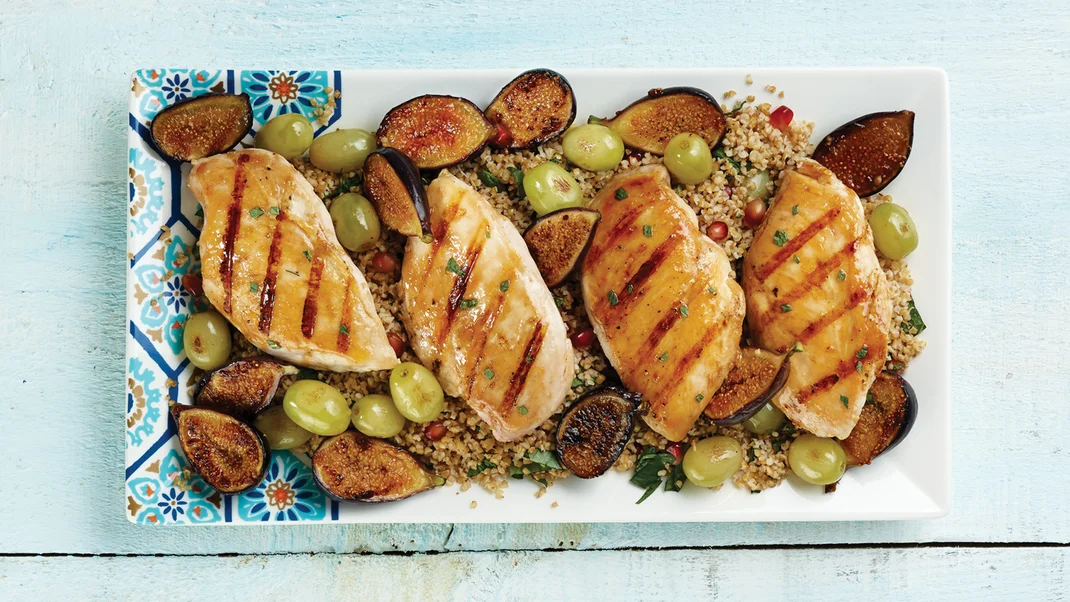 Sweet & Sour Chicken with Grilled Fruits & Herbed Bulgur