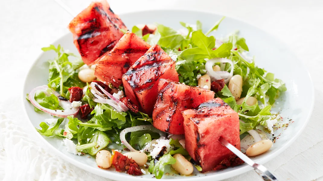 Grilled Watermelon  Skewers  with Feta & White  Bean Salad